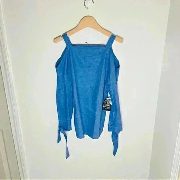 Tibi Cold-Shoulder Chambray Cut-Out Blouse Bow-Tie Sleeves XS - Picture 2 of 8